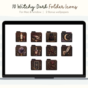 May include: A digital display showing 10 Witchy Dark Folder Icons for Mac & window | 2 Bonus wallpapers. The icons feature dark brown folders decorated with illustrations of candles, books, a black cat, a crescent moon, a crystal ball, potions, a key, a quill, tarot cards, and a rose.