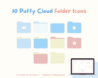Puffy Cloud Blue Folder Icons: Desktop Organizer (Digital Download, Mac & PC, +Wallpapers