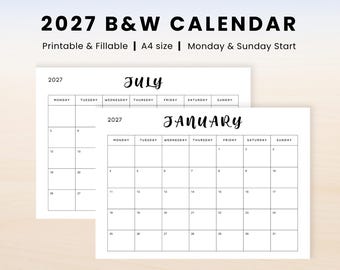 Editable 2027 Year Calendar Black White,Yearly Planner,Custom 2027 calendar,Cute calendar,Printable Fillable Planner ,Monday Sunday Calendar