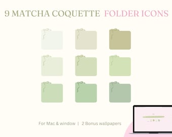 9 Matcha Coquette Folder Icons for Mac & PC, Desktop Organizer (Digital Download), Mac and Window icon, Free Wallpaper