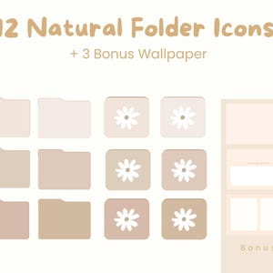 May include: Twelve digital folder icons featuring a daisy design in shades of beige, brown, and white. Three bonus wallpaper designs are also included.