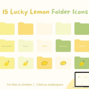 May include: Digital folder icons in shades of yellow and green, with lemon illustrations. The text "15 Lucky Lemon Folder Icons" is at the top. The folders are labeled "Documents", "Music", "Work", "Personal", and "Photos". A laptop displays the icons.