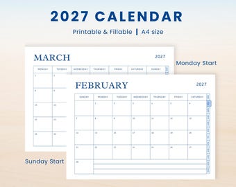 Printable 2027 Year Blue Calendar, Printable Calendar,Yearly Planner,Custom 2027 calendar,Minimalist calendar,12 Month Planner,Monday Sunday