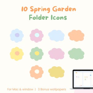 May include: A digital art image featuring ten pastel-colored flower and cloud-shaped icons for computer folders. The text "10 Spring Garden Folder Icons" is displayed above the icons. A laptop with a matching theme is shown.
