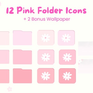 May include: Twelve pink folder icons with a white flower design. Two bonus pink and white gradient wallpapers with white flowers.