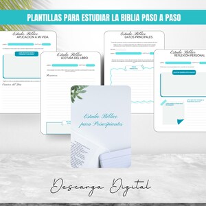 May include: A collection of white printable study guides with teal accents and text in Spanish. The guides include sections for Bible study, reflection, and application. The phrase "Descarga Digital" is at the bottom.