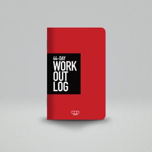 May include: A red workout log with the text "44-DAY WORK OUT LOG" in white on a black rectangle. The log has a simple design and is likely used for tracking fitness progress. The cover is a solid red color.