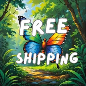 May include: A colorful butterfly with blue, green, orange, and yellow wings is the focal point of this image. The words "FREE SHIPPING" are written in large white letters over the butterfly. The background is a lush forest scene.