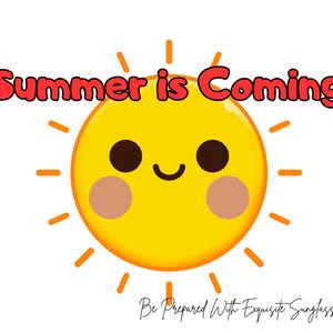 May include: A cheerful cartoon sun with a smiling face, radiating orange lines, and the text "Summer is Coming" in red letters. The phrase "Be Prepared With Exquisite Sunglasses" is written below.