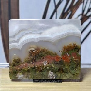 以下が含まれることがあります： 層状の縞模様がある半透明の白い上部と、フォレストグリーン、オリーブ、バーントオレンジの色合いの苔のようなインクルージョンを含む下部を備えた、小さなスタンドに置かれた長方形の磨かれたデンドリティックアゲートのスラブ。