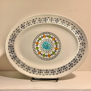 Vintage Ironstone Made in England Handpainted Kathie Winkle 12” x 9.5” Platter in Roulette Pattern. No Chips or Cracks. Some Crazing.