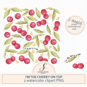 Può includere: Clipart ad acquerello con un motivo di ciliegie rosse, foglie verdi e piccole farfalle gialle su sfondo bianco. Il testo "I'm the cherry on top" è incluso. L'immagine è etichettata "2 IMAGE small commercial use".
