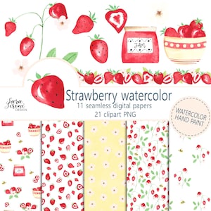 Può includere: Illustrazione ad acquerello con fragole rosse, un barattolo di marmellata ed elementi floreali. Il testo recita "Strawberry watercolor" con dettagli su carte digitali e clipart. Lo stile è dipinto a mano con effetto acquerello.