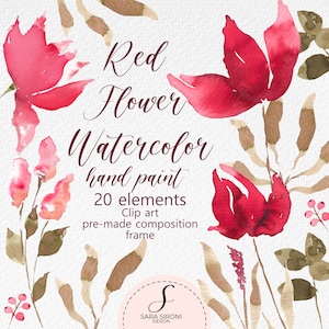 Red Flower Watercolor Clipart, Floral Frame, Invite and Greeting Cards, PNG files
