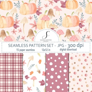 Può includere: Un set di motivi digitali senza cuciture con illustrazioni ad acquerello di zucche, funghi e foglie in tenui tonalità rosa e arancioni. L'immagine include il testo SARA SIRONI DESIGN, SEAMLESS PATTERN SET - JPG - 300 dpi, 15 paper seamless, 12x12 in, digital download.