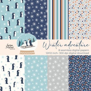 Può includere: Una collezione di otto carte digitali senza cuciture con motivi a tema invernale. I disegni includono pinguini, fiocchi di neve, strisce e triangoli nei toni del blu, bianco e arancione. Il testo "Winter adventure" è visualizzato con le dimensioni di 30,48 x 30,48 cm.
