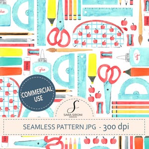 Può includere: Illustrazione ad acquerello di articoli per la scuola tra cui forbici, righelli, matite, colla e mele. Il design è un motivo continuo con il testo "COMMERCIAL USE" e "SEAMLESS PATTERN JPG - 300 dpi".