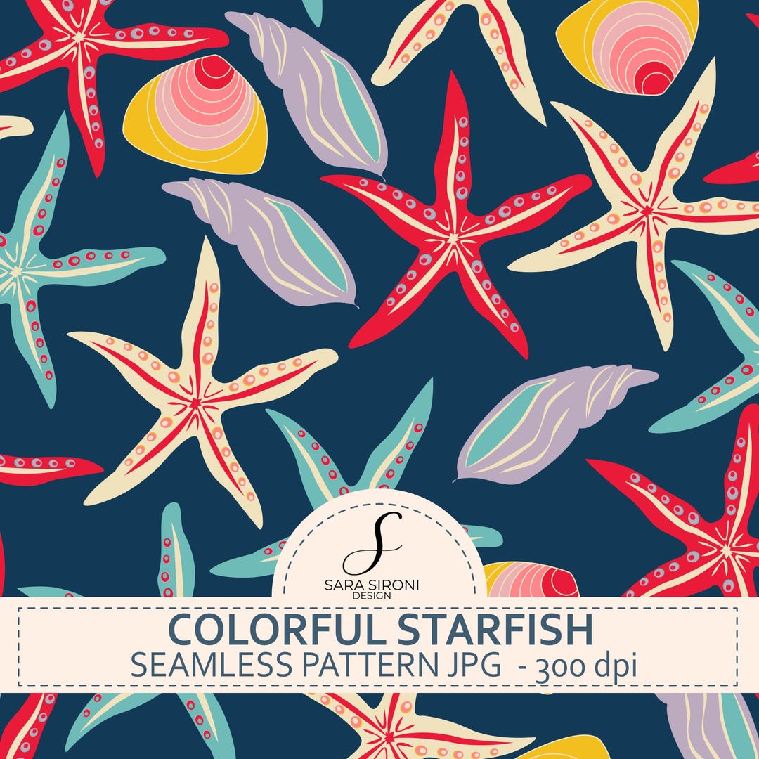 Starfish and Shell Design Seamless Pattern, Red, Blue & Turquoise Pink ...