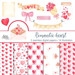 Romantic Love Printable Set, Clipart and Seamless Digital Paper, heart background, JPG patterns and PNG Illustration