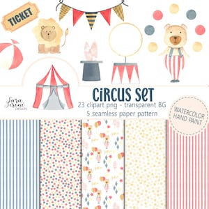 Può includere: Un set di clipart digitali a tema circense con illustrazioni ad acquerello di un leone, un orso, un tendone, un biglietto, un cilindro e bandierine, con cinque motivi di carta senza cuciture, etichettato come Circus Set.