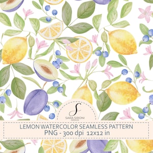 Può includere: Motivo acquerello senza cuciture con limoni, prugne, mirtilli e fiori rosa su sfondo bianco. Il design include limoni interi e a fette, con foglie verdi e il testo "LEMON WATERCOLOR SEAMLESS PATTERN PNG - 300 dpi 12x12 in".