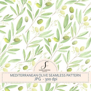 Può includere: Illustrazione ad acquerello di un motivo senza cuciture con rami di ulivo, foglie verdi e olive su sfondo bianco. Il design include il testo "MEDITERRANEAN OLIVE SEAMLESS PATTERN" e "JPG - 300 dpi".