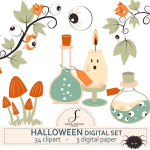 Può includere: Un set digitale di Halloween con funghi arancioni, una bottiglia di pozione verde, una candela a forma di fantasma, occhi su viticci e una bottiglia rotonda con occhi. Testo: SARA SIRONI DESIGN HALLOWEEN DIGITAL SET 34 clipart - 3 digital paper.
