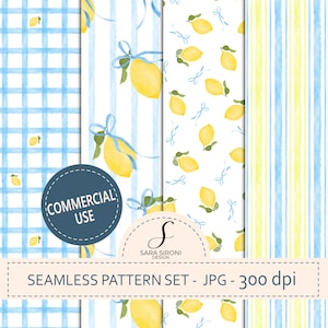 Può includere: Un set di motivi digitali senza cuciture composto da quattro design distinti: un motivo a quadretti vichy blu acquerello con piccoli limoni gialli, strisce blu con limoni e nastri blu, uno sfondo bianco con limoni e nastri sparsi, e strisce gialle e blu.