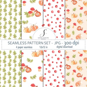 Baby Fall Seamless Pattern Set, Watercolor Fox Pumpkin, Woodland Nursery Paper, 12x12 JPG, Autumn Digital Paper, Commercial License
