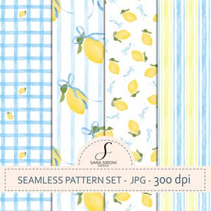 Coquette Lemon Seamless Pattern Set, Italian Fruit Print, yellow and blue digital download