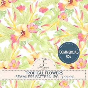 Può includere: Motivo floreale tropicale senza cuciture ad acquerello, con fiori gialli e rosa, foglie verdi e sfondo bianco. Il testo recita "TROPICAL FLOWERS SEAMLESS PATTERN JPG - 300 dpi".