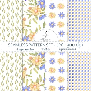 Può includere: Un set digitale di quattro motivi senza cuciture con disegni ad acquerello: foglie verdi, fiori gialli e blu, una composizione floreale e una griglia a scacchi blu e gialla. Testo: SARA SIRONI DESIGN, SEAMLESS PATTERN SET, 12x12 in.