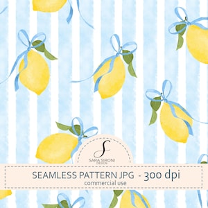 Coquette Lemon and Bow Seamless Pattern, Italian Elegant Print, yellow and blue, Mediterranean  Wallpaper, Digital Download, Commercial Use