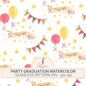 Può includere: Motivo acquerello senza cuciture con elementi per feste di laurea. Il design include palloncini rossi e gialli, striscioni, stelle e nastri con la scritta "Congrats". Sfondo bianco.