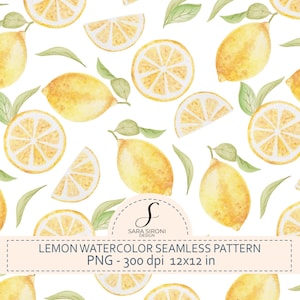 Può includere: Motivo acquerello senza cuciture con limoni e fette di limone con foglie verdi su sfondo bianco. Il design include limoni interi, mezzi limoni e limoni a spicchi. Il testo recita "Lemon Watercolor Seamless Pattern" e "PNG - 300 dpi 30.48x30.48 cm."