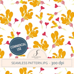 Può includere: Motivo senza cuciture con illustrazioni stilizzate di foglie di barbabietola dorate e barbabietole rosa con accenti rossi a forma di cuore su sfondo bianco. Include un badge "Commercial Use" e il testo "Seamless Pattern JPG - 300 dpi."