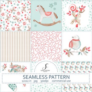 Patchwork Watercolor Christmas Seamless Pattern, Cheater Quilt Opal Red White, Fabric  Design, Digital Paper, 12x12 in, commercial use