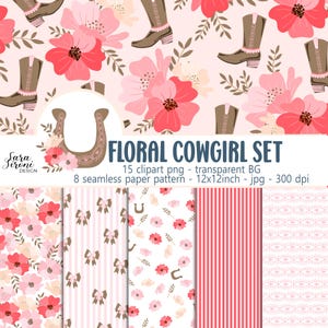 Può includere: Una collezione di design digitale intitolata Floral Cowgirl Set con motivi di stivali da cowboy marroni, fiori rosa, ferri di cavallo, fiocchi e strisce. Il set include 15 file clipart PNG trasparenti e 8 motivi di carta JPG senza giunture.