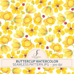 Può includere: Motivo senza cuciture ad acquerello con fiori di ranuncolo gialli e piccole coccinelle rosse su sfondo bianco. Il design include il testo "BUTTERCUP WATERCOLOR SEAMLESS PATTERN JPG - 300 dpi".