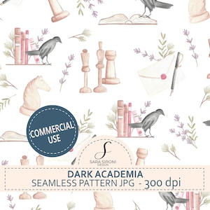 Op de afbeelding: Waterverf naadloos patroon met een dark academia thema. Het ontwerp bevat schaakstukken, boeken, raven en lavendel takjes. De tekst "DARK ACADEMIA SEAMLESS PATTERN JPG - 300 dpi" staat onderaan de afbeelding.