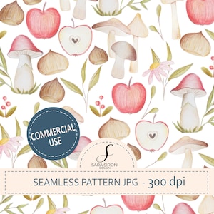 Può includere: Motivo acquerello senza cuciture con mele, funghi e noci nei toni del rosso, marrone e beige, con fogliame verde e fiori rosa. Il design include il testo "COMMERCIAL USE" e "SEAMLESS PATTERN JPG - 300 dpi".