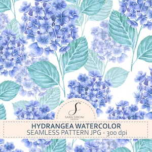 May include: Watercolor seamless pattern featuring blue hydrangea flowers and teal green leaves on a white background. The image includes the text "HYDRANGEA WATERCOLOR SEAMLESS PATTERN JPG - 300 dpi".