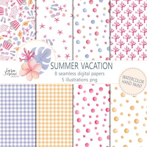 Può includere: Una collezione di otto carte digitali senza cuciture a tema vacanze estive. I motivi includono elementi da spiaggia, pois, coralli e quadretti vichy nei toni del rosa, blu e giallo. Il testo "SUMMER VACATION" è visualizzato.