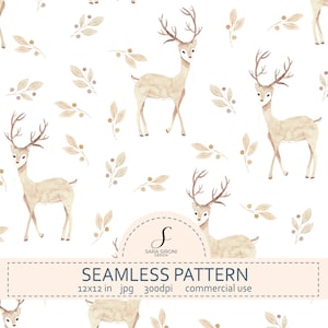 Può includere: Un motivo continuo con illustrazioni ad acquerello di cervi con corna, intervallate da piccoli rametti di foglie e bacche su sfondo bianco. Il testo recita SARA SIRONI DESIGN SEAMLESS PATTERN 12x12 in jpg 300dpi commercial use.