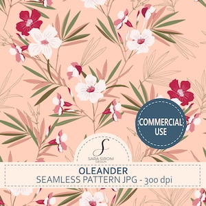 Può includere: Motivo floreale senza cuciture con fiori di oleandro bianchi, rosa e bordeaux su sfondo pesca. Il design include foglie verdi e linee sottili. Il testo recita "OLEANDER SEAMLESS PATTERN JPG - 300 dpi".