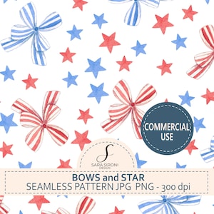 Può includere: Motivo senza cuciture ad acquerello con fiocchi e stelle rossi e blu su sfondo bianco. Il design include fiocchi a righe e stelle a cinque punte. Il testo "BOWS and STAR SEAMLESS PATTERN JPG PNG - 300 dpi" è visibile.