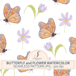 Può includere: Motivo senza cuciture ad acquerello con farfalle arancioni e nere e fiori di lavanda su sfondo bianco. Il design include foglie verdi e il testo "BUTTERFLY and FLOWER WATERCOLOR SEAMLESS PATTERN JPG - 300 dpi".