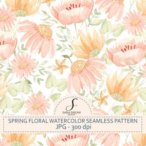 Può includere: Motivo floreale continuo ad acquerello. Il motivo presenta fiori color pesca e arancioni con foglie verdi su sfondo bianco. Il testo in basso recita "SPRING FLORAL WATERCOLOR SEAMLESS PATTERN JPG - 300 dpi."