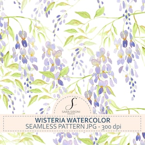 Può includere: Motivo continuo ad acquerello con fiori di glicine viola e verdi su sfondo bianco. L'immagine include il testo "WISTERIA WATERCOLOR SEAMLESS PATTERN JPG - 300 dpi" e il logo Sara Sironi Design.