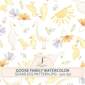 Può includere: Motivo acquerello senza cuciture con una famiglia di oche, anatroccoli gialli, fiori e un sole su sfondo bianco. Il design include il testo "GOOSE FAMILY WATERCOLOR SEAMLESS PATTERN JPG - 300 dpi".